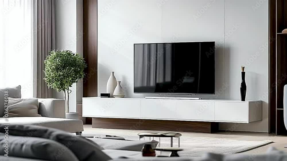 a TV and a white entertainment center in a living room a TV and a white entertainment center in a living room