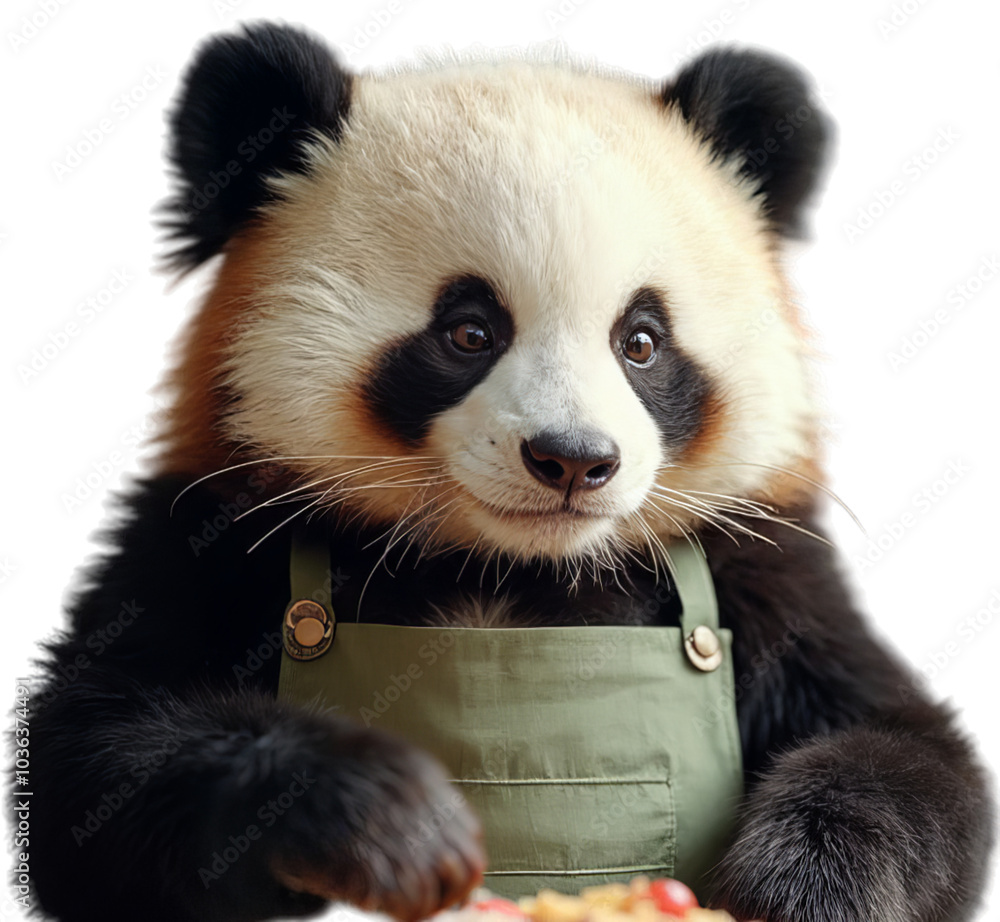 Panda cooking food wearing apron isolated on transparent background Panda cooking food wearing apron isolated on transparent background