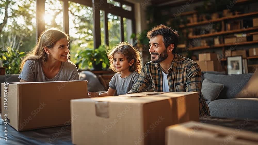 This family enjoys unboxing moving boxes and spending quality time in their cozy living room. This family enjoys unboxing moving boxes and spending quality time in their cozy living room.