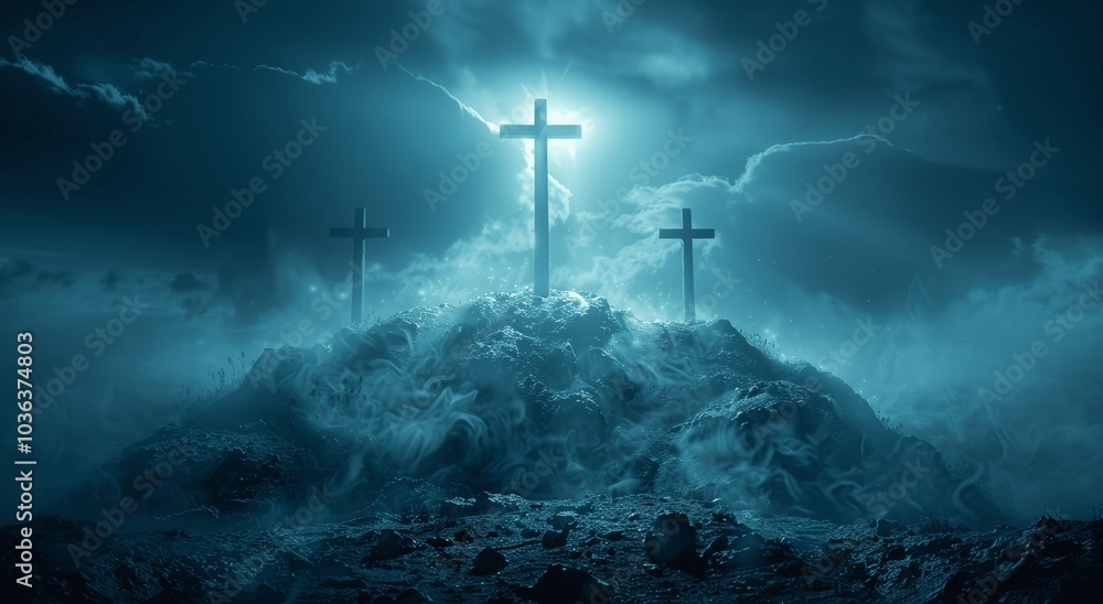 Fototapeta premium Dramatic Sky over Golgotha Hill with Three Crosses Symbolizing Jesus Christ's Crucifixion, Resurrection and Majestic Clouds with God Rays