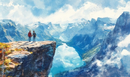 Watercolor Adventurous couple at Trolltunga. Trolltunga (Troll tongue) is a piece of rock jutting horizontally out of a mountain in Odda in Hordaland, Norway