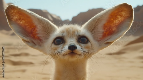 Close-up Portrait of a Curious Fennec Fox with Large Ears in a Desert Landscape.