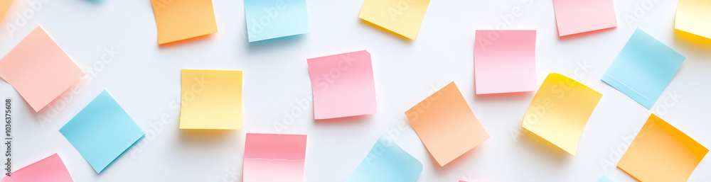 Fototapeta premium Sticky Note Post It Board Office. Business people meeting at office and use post it notes to share idea. Brainstorming concept. Sticky note on glass wall or blackboard. Set of colorful blank notes.