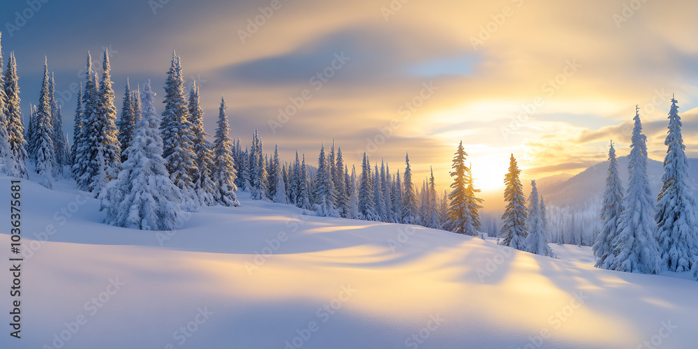 Obraz premium Beautiful winter landscape with snow-covered pine trees basking in the golden glow of the rising sun, casting long shadows across the untouched snow