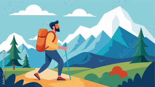 On weekends the man spends time hiking in the nearby mountains challenging his body and enjoying the beautiful scenery.. Vector illustration