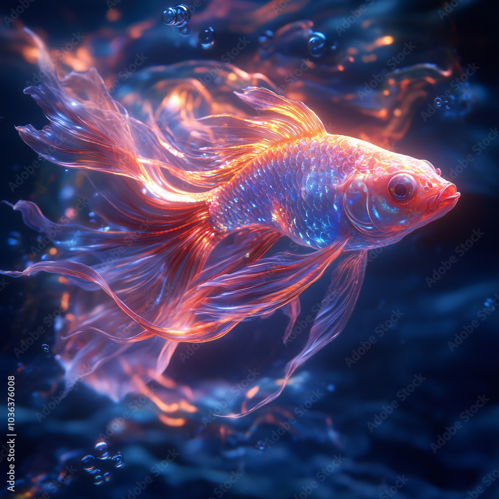 A vibrant betta fish with glowing scales swims gracefully in a dark underwater environment. A vibrant betta fish with glowing scales swims gracefully in a dark underwater environment.
