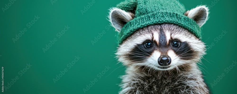 Festive raccoon in a green Santa's helper hat, isolated on a bright green studio backdrop. Festive raccoon in a green Santa's helper hat, isolated on a bright green studio backdrop.