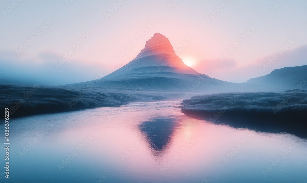 Naklejka premium Watercolor Long exposure shot of the Kirkjufell mountain with the river in the foreground, in Iceland, sunrsie, epic view