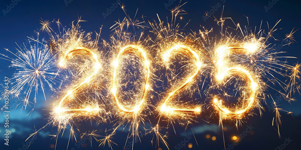 Sparkling 2025 illuminated by golden fireworks in the night sky, symbolizing the excitement and joy of new beginnings and celebrations Sparkling 2025 illuminated by golden fireworks in the night sky, symbolizing the excitement and joy of new beginnings and celebrations