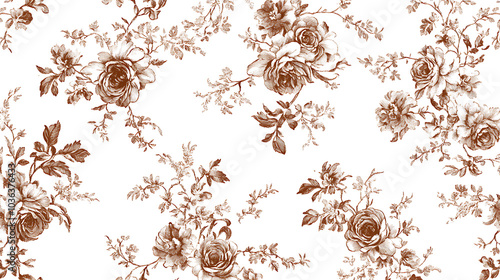 Vintage inspired seamless Toile de Jouy pattern featuring intricate floral designs in warm brown tones on white background, evoking classic and elegant aesthetic