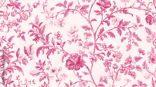 Vintage inspired seamless Toile de Jouy pattern featuring intricate floral designs in shades of pink on soft cream background, evoking classic and elegant aesthetic