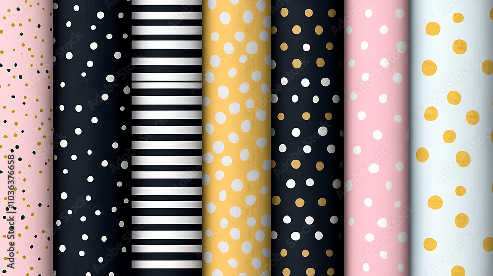 Seamless pattern featuring mix of stripes and dots in various colors, including black, pink, and gold. This design adds playful and modern touch to any project Seamless pattern featuring mix of stripes and dots in various colors, including black, pink, and gold. This design adds playful and modern touch to any project