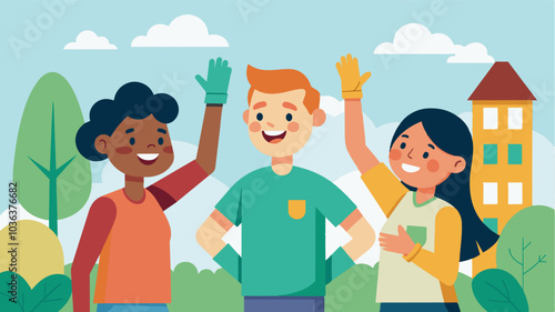 Smiling faces and highfives exchanged between neighbors as they celebrate the progress made during the cleanup event.. Vector illustration