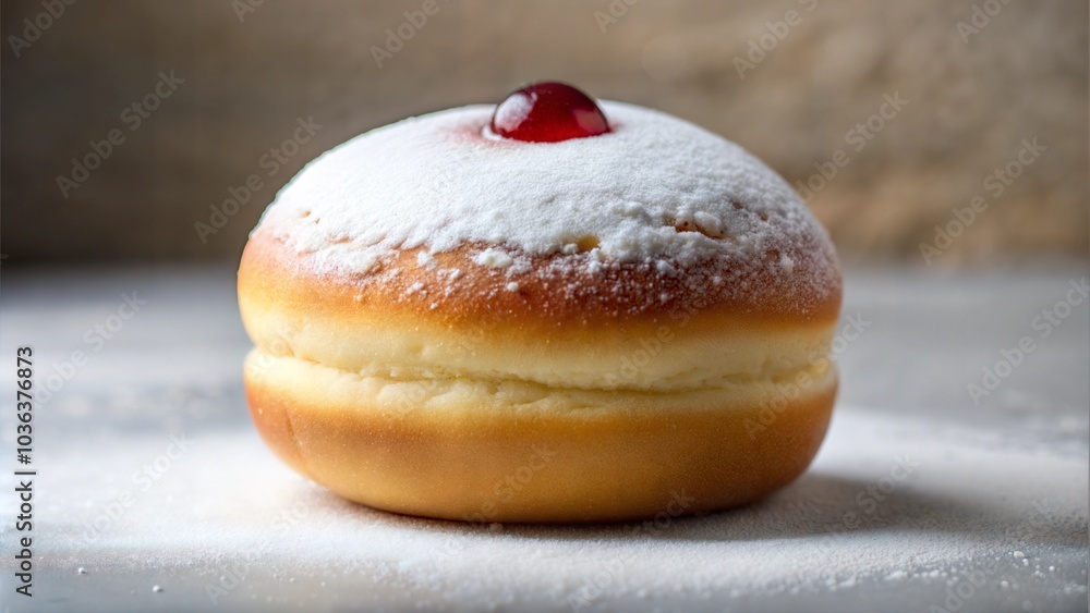 Single powdered sufganiyah with jelly topping on light surface Single powdered sufganiyah with jelly topping on light surface