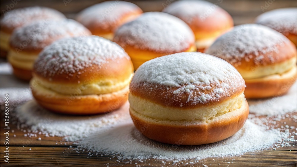 Powdered sufganiyot arranged on wooden table with sugar dusting Powdered sufganiyot arranged on wooden table with sugar dusting