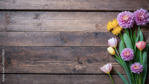 Pastel-colored spring flowers arranged on a rustic wooden background, creating a serene and delicate scene.