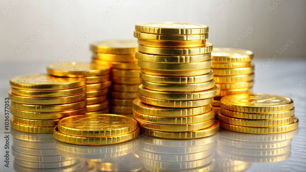 Stacks of shiny gold coins on reflective surface Stacks of shiny gold coins on reflective surface