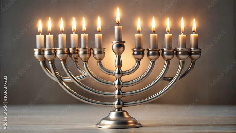 Silver menorah with all candles lit on simple background Silver menorah with all candles lit on simple background