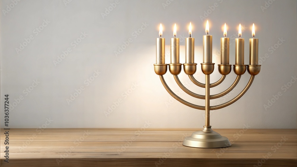 Fototapeta premium Lit menorah on wooden table with simple white background