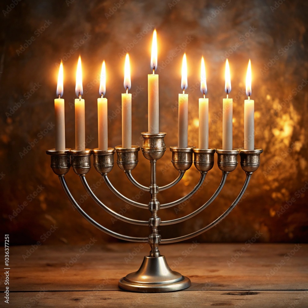 Lit menorah with glowing candles on wooden table for Hanukkah Lit menorah with glowing candles on wooden table for Hanukkah