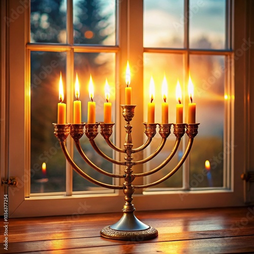  Lit menorah by window with sunset view during Hanukkah