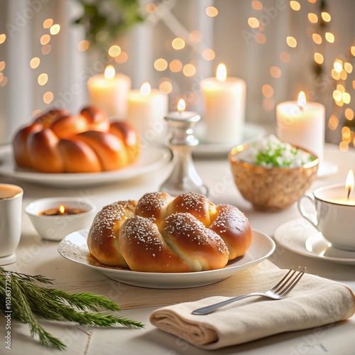 Festive Shabbat table with challah bread and candlelight photo