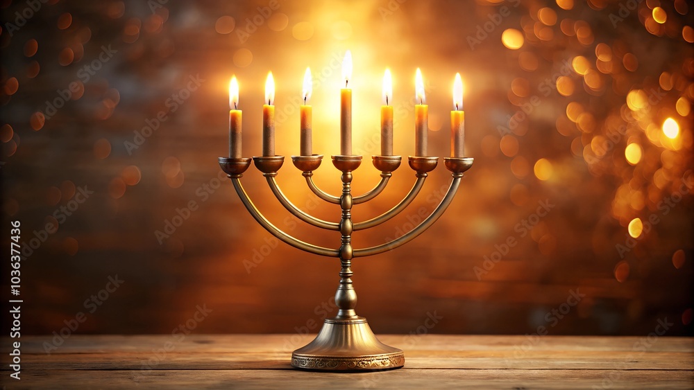 Lit menorah with glowing golden bokeh lights in background Lit menorah with glowing golden bokeh lights in background