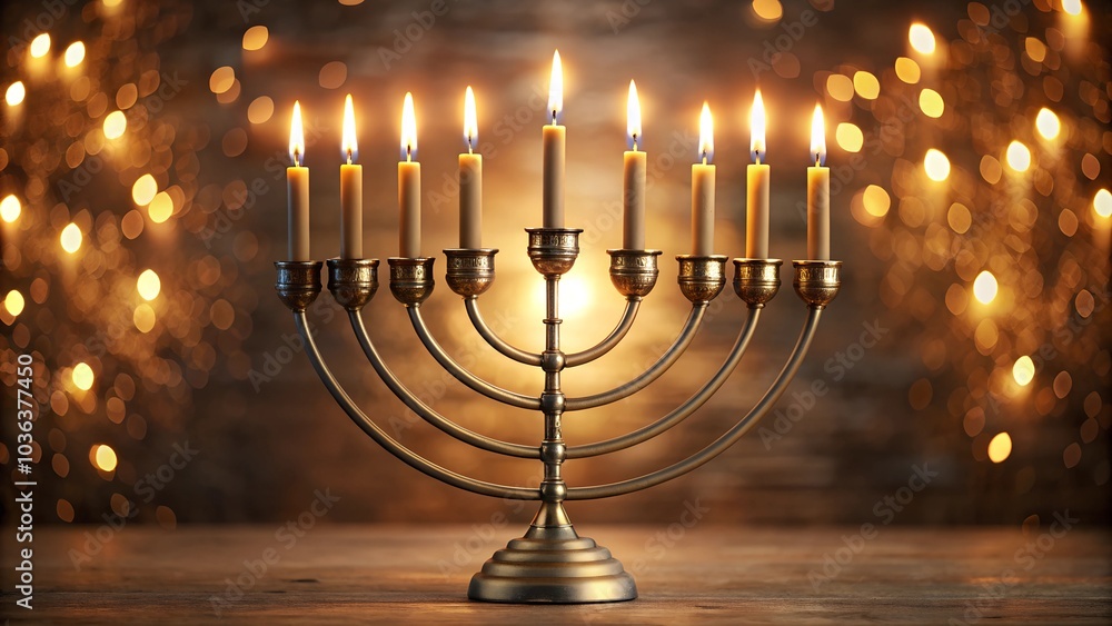 Lit menorah with glowing string lights in the background Lit menorah with glowing string lights in the background
