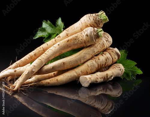 horseradish isolated on black background photo