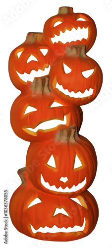 Orange stack of pumpkins with carved faces isolated on transparent background.