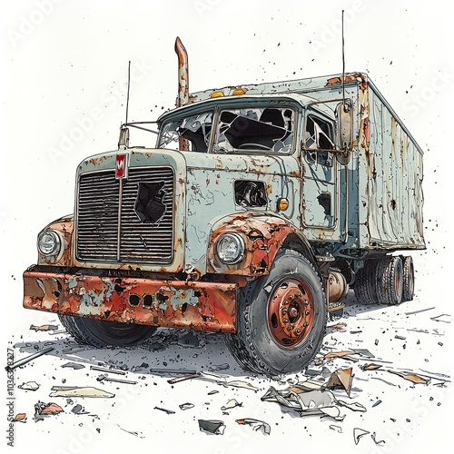 Abandoned Commercial Heavy Truck Pencil Sketch: Peeling Paint, Worn-Out Body, Flat Tires, Broken Windows, Scattered Parts, Tragic Rusty Scene with Broken Glass and Debris