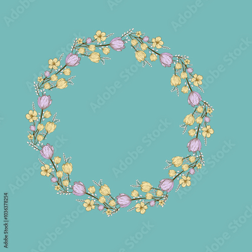  floral wreath made of colorful flowers and green background. Perfect for invitations, greeting cards,merry christmas