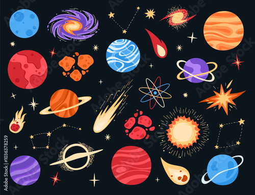 Set of space elements. Planets, stars, comets, asteroids. Flat vector illustration.
