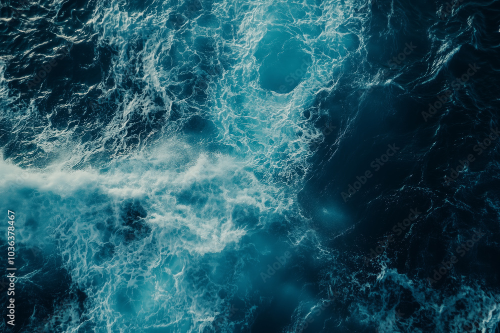 Aerial View of Turbulent Ocean Waves with Deep Blue Tones and White Foam Aerial View of Turbulent Ocean Waves with Deep Blue Tones and White Foam