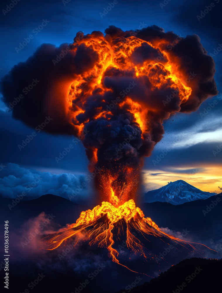 Fototapeta premium Witness the breathtaking power of a volcanic eruption, with fiery lava cascading and dark smoke filling the sky. A stunning display of nature?s might against a twilight backdrop.
