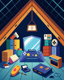 An attic filled to the brim with obsolete gaming consoles handheld devices and other relics of the past.. Vector illustration