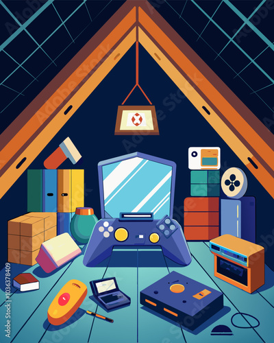 An attic filled to the brim with obsolete gaming consoles handheld devices and other relics of the past.. Vector illustration