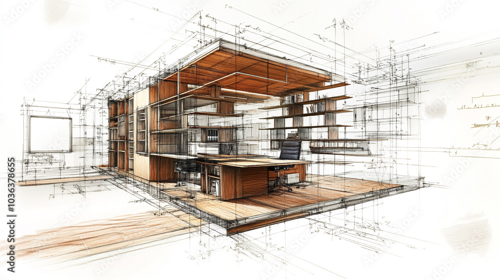 Fototapeta premium Study office plan sketch 3D drawing