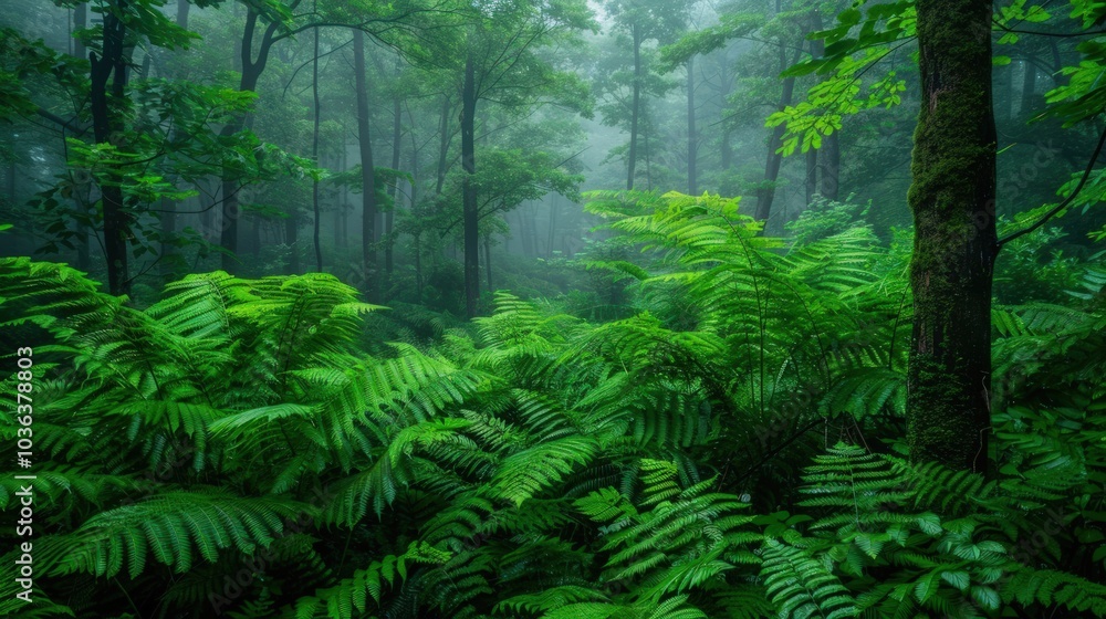 Obraz premium A Misty Forest Path with Lush Greenery