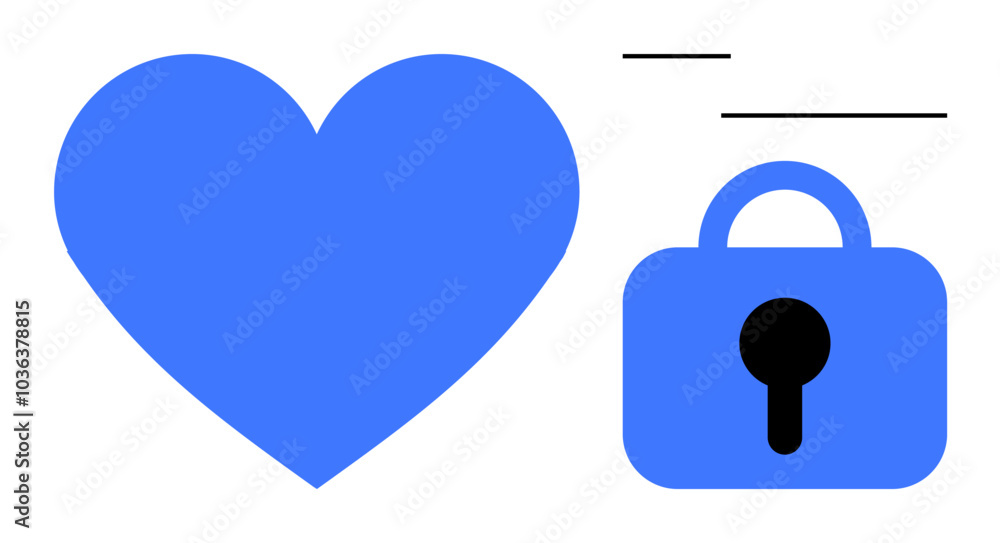 Large blue heart next to a blue padlock with a black keyhole. Simple lines above the padlock. Ideal for themes about love, security, privacy, relationships, and safety. Minimalist design Large blue heart next to a blue padlock with a black keyhole. Simple lines above the padlock. Ideal for themes about love, security, privacy, relationships, and safety. Minimalist design