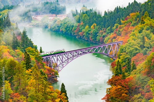 JR Tadami Line Train on the Bridge across Tadami River with Colourful Maple Tree on Hillside in Autumn, Fukushima, Japan