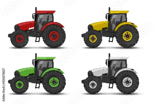 Four farm tractors in vibrant colors isolated against a white background for agricultural representation and design purposes