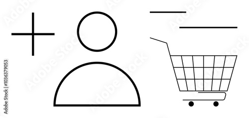 Minimalistic design features a user icon, plus sign, and shopping cart, representing user profile creation and online shopping. Ideal for e-commerce, user accounts, online stores, digital marketing