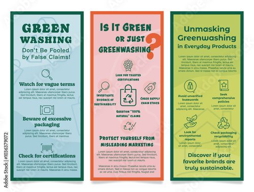 Banners offering to learn how to recognize and protect yourself from greenwashing in consumer goods through informed choice and knowledge of certification.