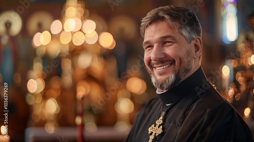 Warmly smiling Christian Orthodox priest in black cassock and golden cross, eyes reflecting kindness and wisdom against ornate church interior filled with icons and candles photo