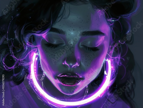 Glowing Neon Portrait of a Woman with Closed Eyes