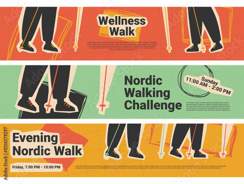 Banners inviting everyone to take part in the Nordic Walking Challenge weekend event, which promotes health and community involvement in sporting activities.