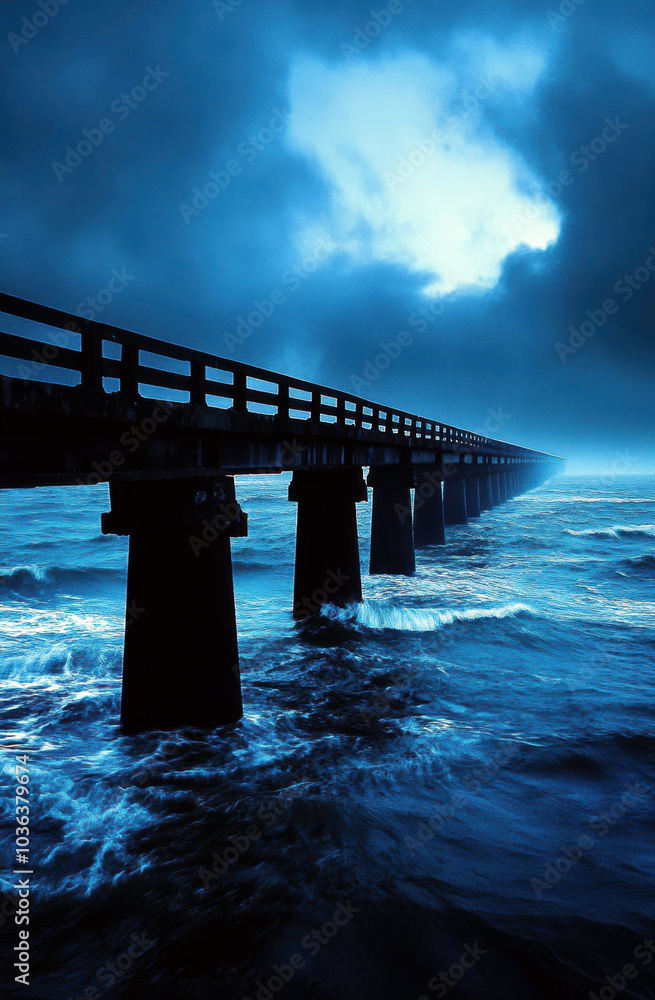 Obraz premium A captivating pier stretches into the turbulent ocean under a moody blue sky, evoking a sense of mystery and tranquility amidst the swirling waves.
