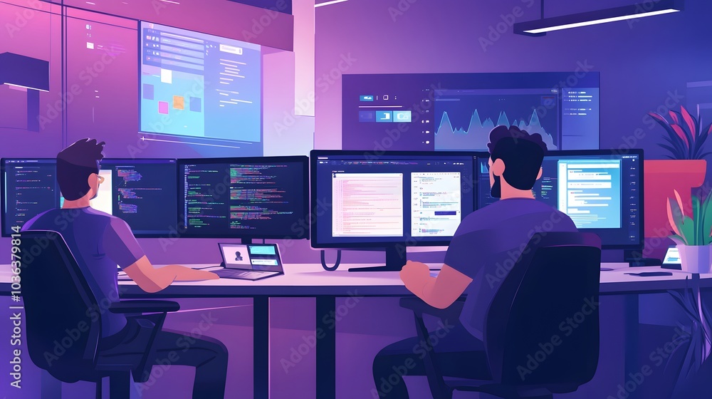 Programmers cooperating at IT company developing apps. Programmers cooperating at IT company developing apps.