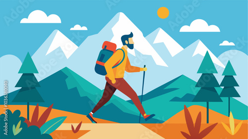 On the weekends he goes for a hike in the nearby mountains challenging his body while being surrounded by nature.. Vector illustration